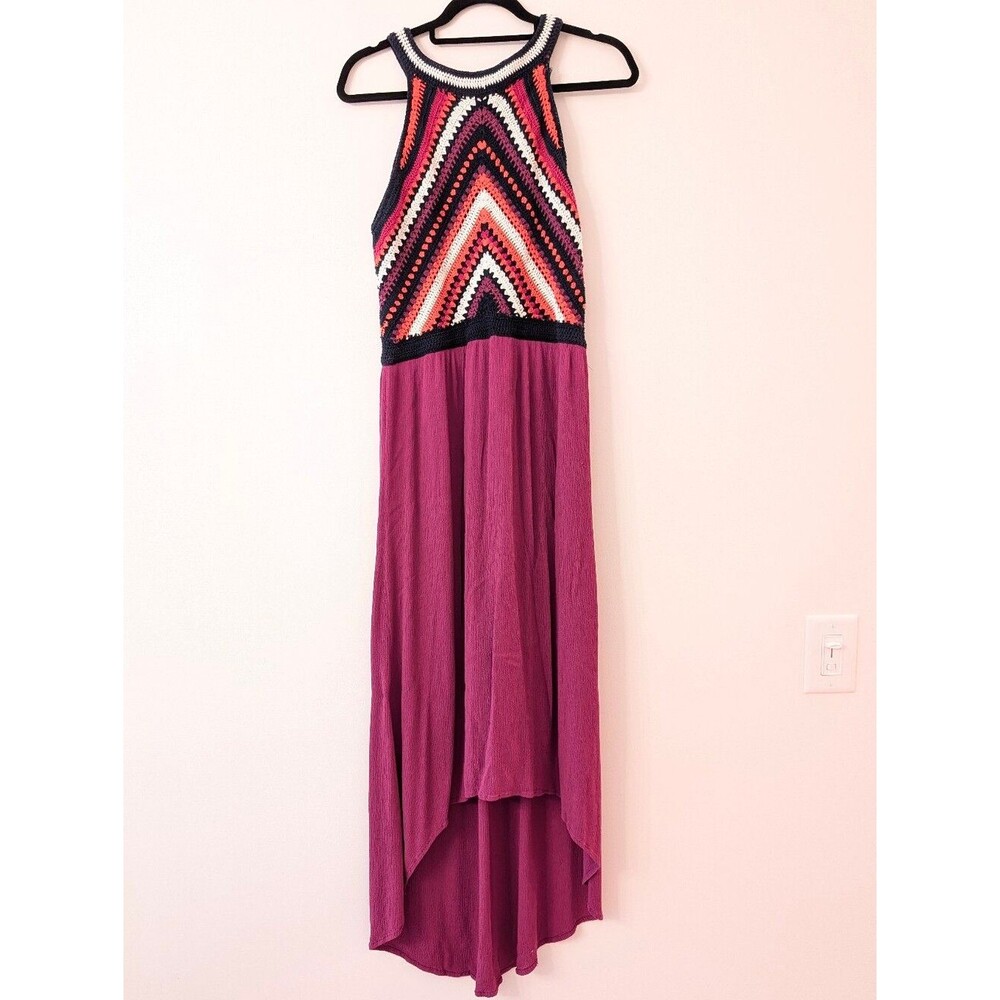 Sangria Crochet Halter Hi Low Hem Dress